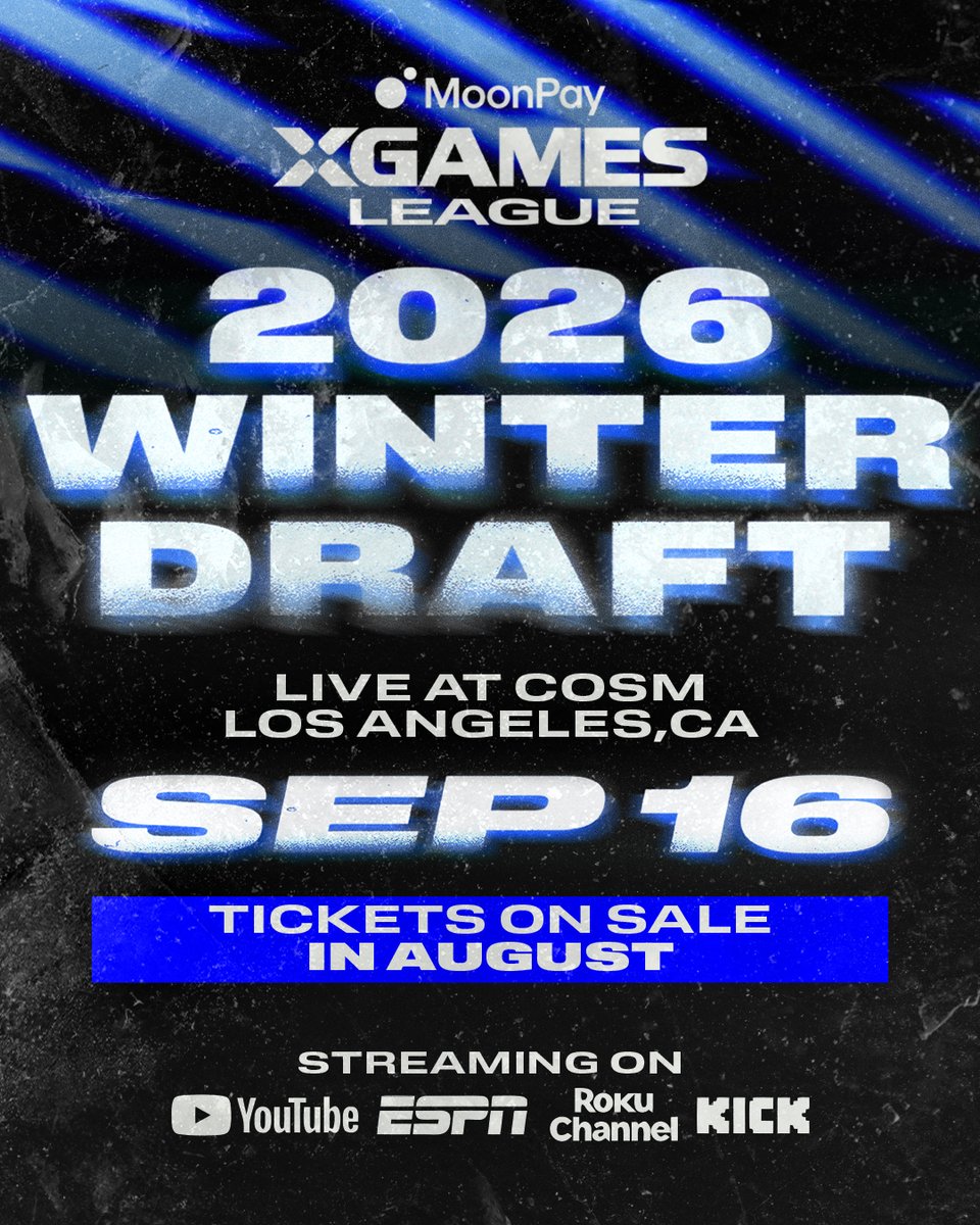XGames's tweet photo. Winter's coming early ❄️

The @moonpay XGL Draft returns Sept 16 at @CosmLosAngeles. This time we're building winter rosters. 

4 teams. 40 athletes. 180+ in the pool.

Stay tuned for how you can be part of the action ⚡️ https://t.co/OERr7V23EJ