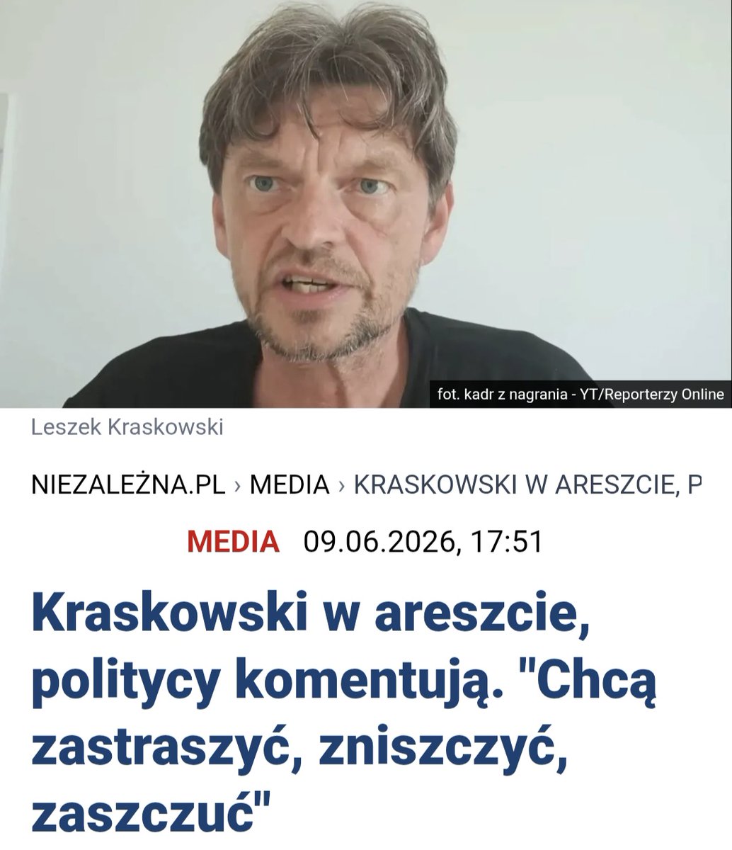 EdoMarcin's tweet photo. Polska Tuska to nie pełna Białoruś, ale coraz bliżej w stylu represji wobec niewygodnych dziennikarzy.
Niezależny śledczy Leszek Kraskowski, który grzebał w aferze Polnord i powiązaniach Romana Giertycha z obozu Tuska, właśnie dostał 3 miesiące aresztu. Zarzuty? Groźby karalne mailem i nielegalne posiadanie pistoletu gazowego. Policja urządziła obławę, choć wcześniej sąd mówił o „pomyłce”. Klasyczny mechanizm: krytykujesz władzę – nagle masz problemy prawne. 
To nie jedyny przypadek. Rząd Tuska przejął media publiczne siłą, czyścił kadrę PiS-owską, a teraz niezależnych dziennikarzy ściga prokuratura i sądy. Wolność słowa jest, ale selektywna – jak w klasycznej „demokracji liberalnej” po wschodnioeuropejsku. Białoruś ma Łukaszenkę i totalny zamordyzm, Tusk ma jeszcze pozory i Brukselę w tle. Ale kierunek jest ten sam: niewygodny głos do kicia albo do milczenia. Władza broni się przed prawdą, a nie przed „dezinformacją”.