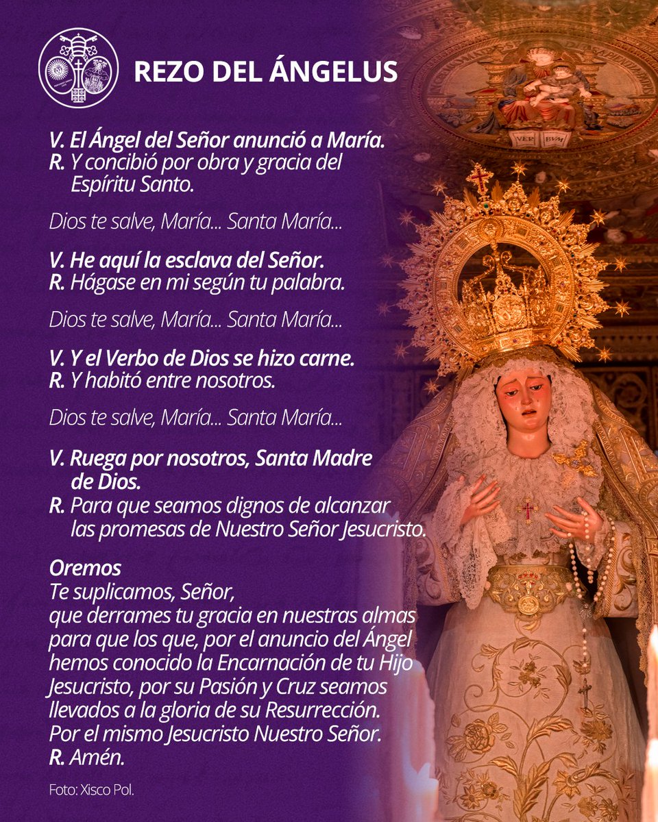 Estudiantes_Sev's tweet photo. 🟣 Es la hora del Ángelus.

🙏🏻 Consagramos a la Santísima Virgen de la Angustia todos nuestros afanes de este día.

#LosEstudiantes #Ángelus https://t.co/WWLN3hfZsP