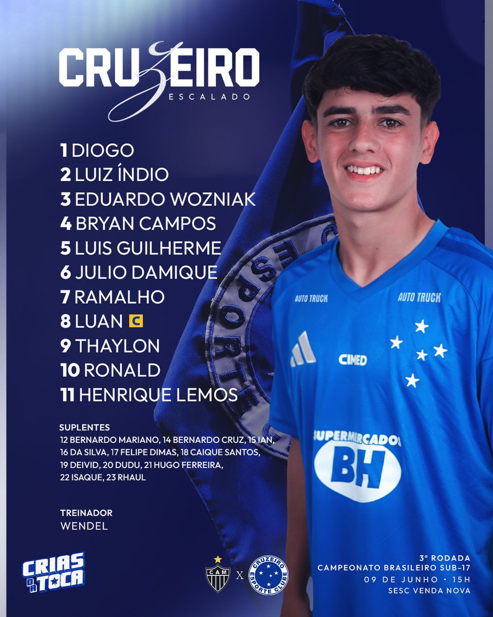 Cruzeiro's tweet photo. O Cruzeiro está escalado para enfrentar o Atlético-MG pelo Campeonato Brasileiro Sub-17! Vamos pra cima, Crias! 🦊

Transmissão no YouTube do Atlético-MG: https://t.co/KR0lYK8stN

#CAMxCRU #CriasDaToca https://t.co/8HdSA5RKzo