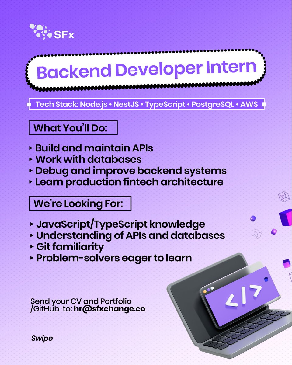 usesfxmoneyapp's tweet photo. 🚀 We're Hiring Interns at SFx!

Are you passionate about building products, solving real-world problems, and growing your career in tech?

SFx is opening internship opportunities for talented and driven individuals looking to gain hands-on experience and contribute to meaningful projects.

We are currently accepting applications for:
💻 Frontend Development Interns ⚙️ Backend Development Interns 📋 Project Management Interns

This is an opportunity to learn from an ambitious team, work on real products, collaborate with experienced professionals, and gain practical industry experience in a fast-growing fintech environment.

If you're eager to learn, grow, and make an impact, we'd love to hear from you.

📌 Swipe through to view the requirements and application details.

Tag someone who should see this 👇

#SFx #InternshipOpportunity #FrontendDeveloper #BackendDeveloper #ProductManagement #Fintech #TechInternship #CareerGrowth #TechCareers #SoftwareDevelopment #ProductManagementCareer #Internship2026