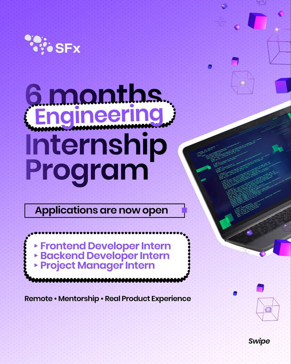 usesfxmoneyapp's tweet photo. 🚀 We're Hiring Interns at SFx!

Are you passionate about building products, solving real-world problems, and growing your career in tech?

SFx is opening internship opportunities for talented and driven individuals looking to gain hands-on experience and contribute to meaningful projects.

We are currently accepting applications for:
💻 Frontend Development Interns ⚙️ Backend Development Interns 📋 Project Management Interns

This is an opportunity to learn from an ambitious team, work on real products, collaborate with experienced professionals, and gain practical industry experience in a fast-growing fintech environment.

If you're eager to learn, grow, and make an impact, we'd love to hear from you.

📌 Swipe through to view the requirements and application details.

Tag someone who should see this 👇

#SFx #InternshipOpportunity #FrontendDeveloper #BackendDeveloper #ProductManagement #Fintech #TechInternship #CareerGrowth #TechCareers #SoftwareDevelopment #ProductManagementCareer #Internship2026