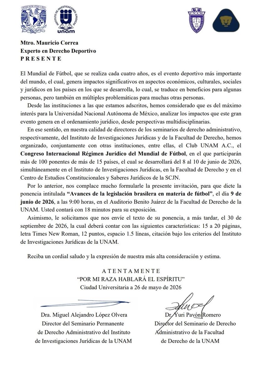MauricioCorrad4's tweet photo. Honrado de haber participado, en el Congreso Internacional Régimen Jurídico del Mundial de Fútbol, organizado por la UNAM, compartiendo algunas reflexiones sobre los avances de la legislación brasileña en materia de fútbol.
Agradezco ao @IIDD_Deportivo e UNAM por la amable invitación y la oportunidad de contribuir, aunque telepresencialmente, a este espacio de diálogo académico internacional.

#DerechoDeportivo #SportsLaw #UNAM #Fútbol