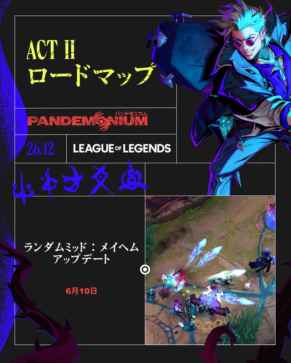 LoLJPOfficial's tweet photo. 新チャンピオン「ロック」、ランダムミッド：メイヘムのアップデート、新スキン「破られし盟約」「荒野」「罪深き岸辺」と共に、Act IIでAct IIで自分の主張を打ち出そう🏖️ https://t.co/WWSM8FDGFX