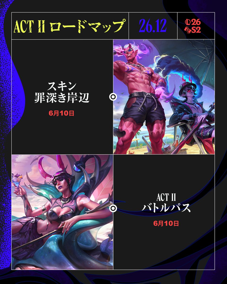 LoLJPOfficial's tweet photo. 新チャンピオン「ロック」、ランダムミッド：メイヘムのアップデート、新スキン「破られし盟約」「荒野」「罪深き岸辺」と共に、Act IIでAct IIで自分の主張を打ち出そう🏖️ https://t.co/WWSM8FDGFX