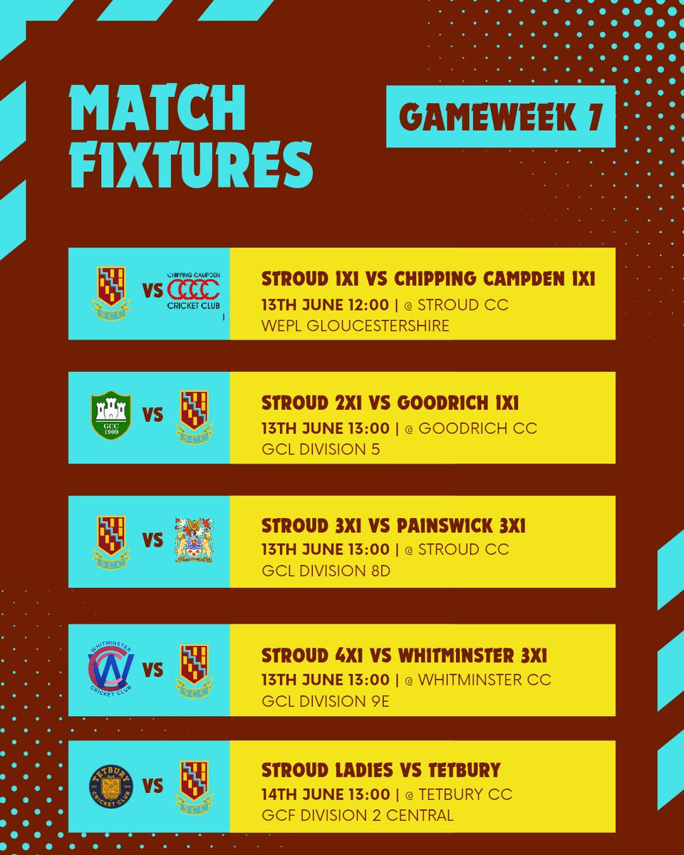 Stroud_Cricket's tweet photo. Gameweek 7 Fixtures ๐
@swsportsnews @StroudTimes
#bepartofit #stroud https://t.co/wvqTJ1ypRU