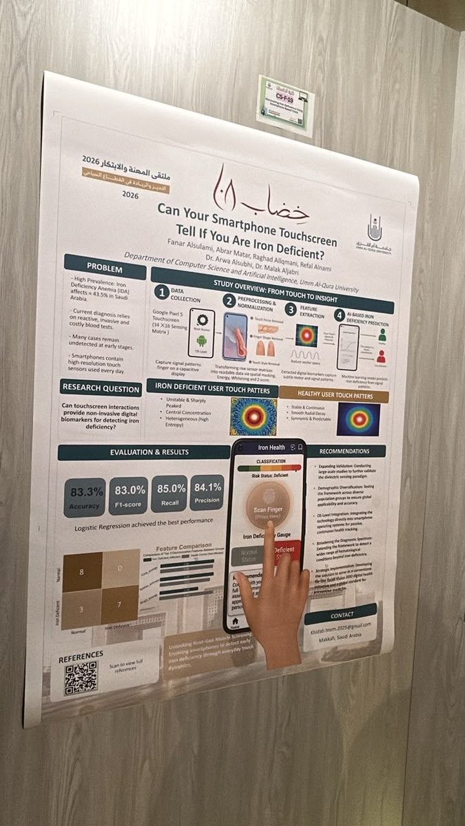 Refal_7w's tweet photo. مشروع خضاب هو نظام ذكي يتيح لك التنبؤ بمستويات الحديد في الدم من خلال الاعتماد على حساسات شاشة هاتفك 🩸📲
مستقبل الصحة الرقمية اليوم بين يديك ✨
رقم البوث CS-F-19

صوتو لخضاب وادعمونا🩸🔥😊🦾

#معرض_إنجاز 
#ملتقى_المهنة_والابتكار

https://t.co/RNiAMiRNu8 https://t.co/EmAnsk0a3S