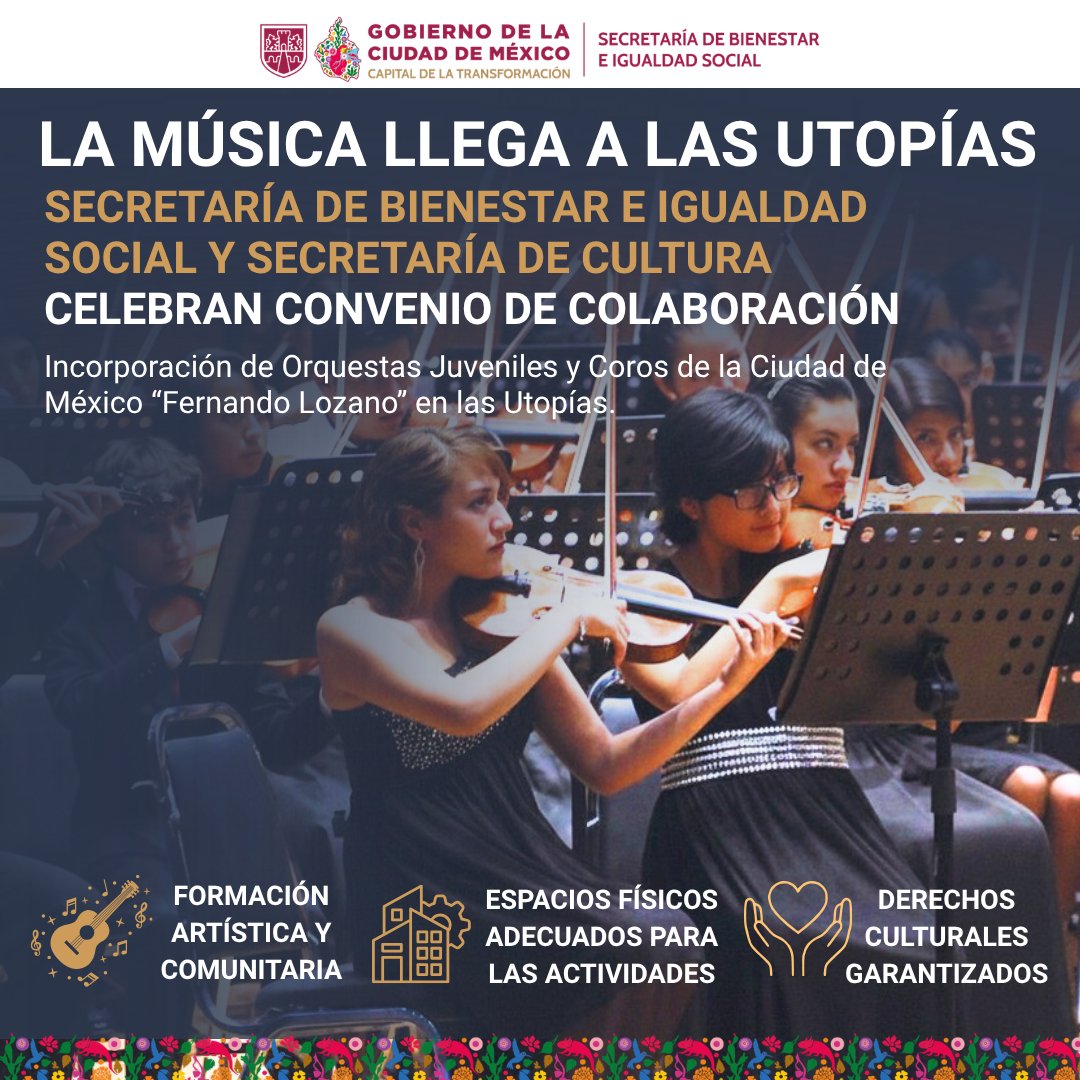 SEBIEN_cdmx's tweet photo. La Secretaría de Cultura
y la #SEBIEN impulsan la incorporación de Orquestas Juveniles y Coros a estos espacios de transformación social, acercando educación artística gratuita a las y los jóvenes.
Conoce los detalles del convenio 👉: https://t.co/6dxQKHquFg https://t.co/QaoTzh4pwf