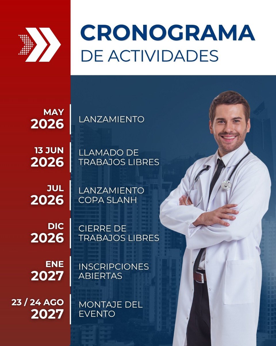 congresoslanh's tweet photo. 📅 ¡Rumbo a SLANH 2027! Panamá recibirá a la nefrología latinoamericana e iberoamericana. Conoce las fechas clave: trabajos libres desde el 13 de junio de 2026, precongreso el 25 de agosto y congreso del 26 al 28 de agosto de 2027. 🌐 https://t.co/S4cUapqFAQ #SLANH https://t.co/AnNk6r7SeH