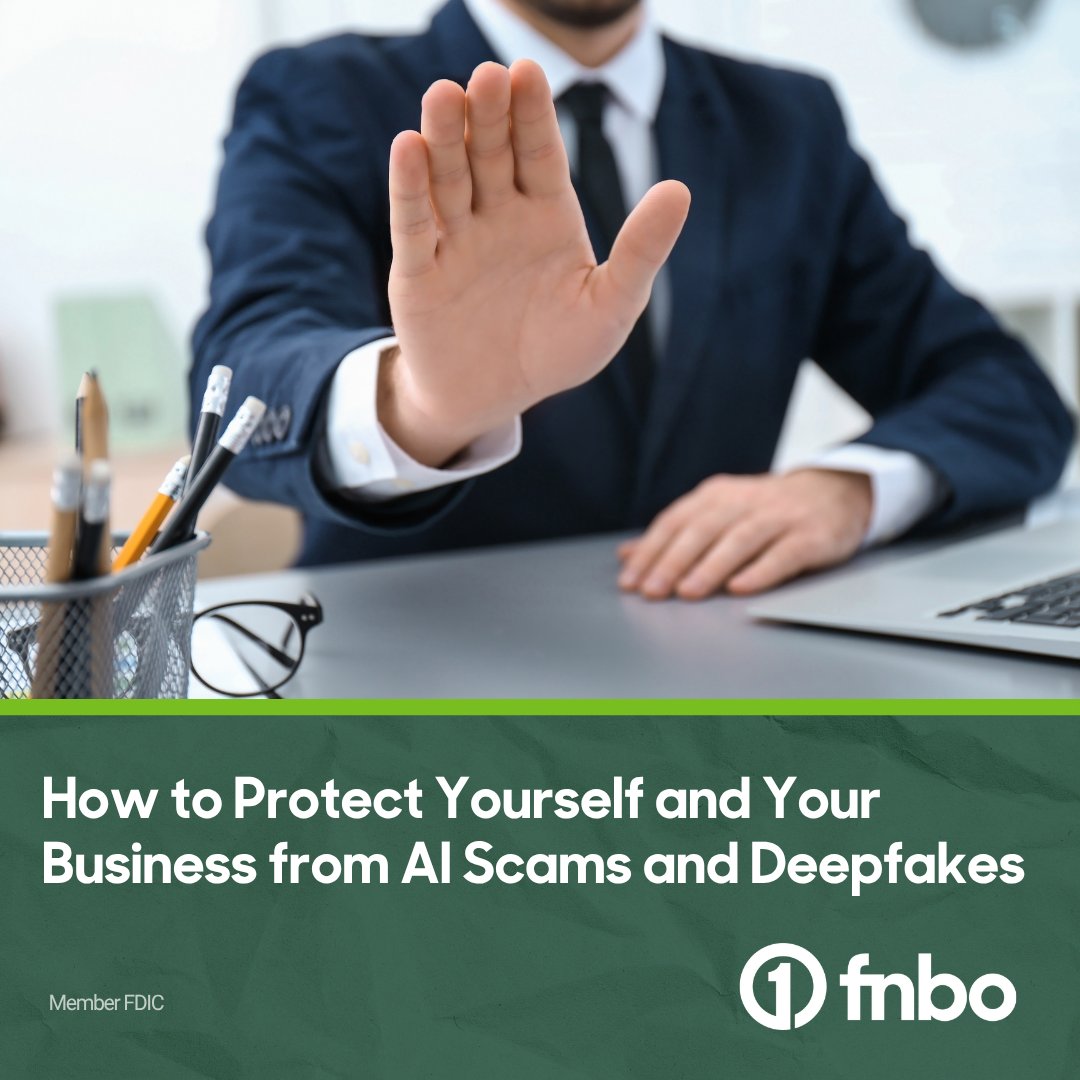 fnbo's tweet photo. AI-powered scams and deepfakes are they’re getting harder to spot. From fake voices to realistic videos, cybercriminals are using AI to trick businesses and individuals into making costly mistakes. Here’s what you need to know and how to stay safe. https://t.co/xuEDB73t7Y https://t.co/q2LZuZI5dx