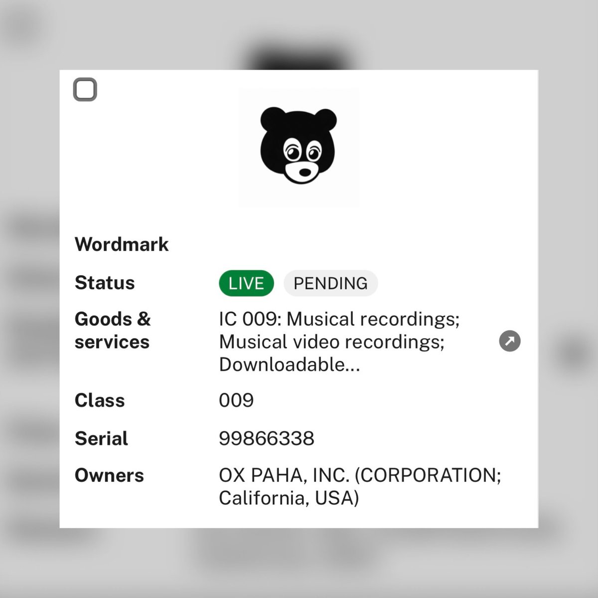 yzyupdates's tweet photo. A new trademark application has been filed for Ye’s iconic Dropout Bear logo 🐻👀 https://t.co/VzkekWa6FJ