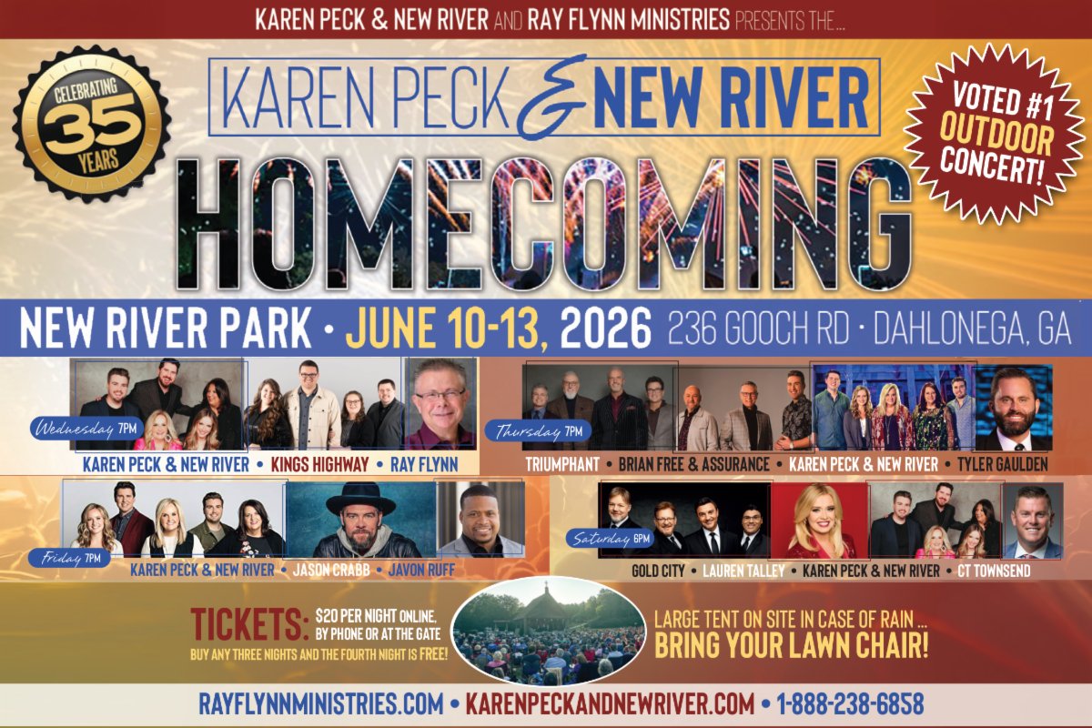 singingnews's tweet photo. Karen Peck &amp; New River’s Homecoming starts tomorrow in Dahlonega, GA! 🎶

June 10–13 at New River Park with four nights of Southern Gospel music. Bring a lawn chair!

🎟 Tickets: $20 per night
✅ Buy 3 nights, get the 4th FREE!
Info: https://t.co/5sweqJMLai https://t.co/KcVO5UFI7Z