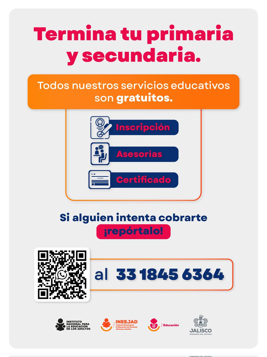 INEEJAD_OFICIAL's tweet photo. ✅ Recuerda: nuestros servicios educativos son gratuitos.
Desde tu registro hasta la entrega de tu certificado de primaria o secundaria, no debes realizar ningún pago.

📢 Ante cualquier cobro irregular, repórtalo por mensaje directo o vía WhatsApp al 📲 33 1845 6364 https://t.co/uzTUBDpF4m