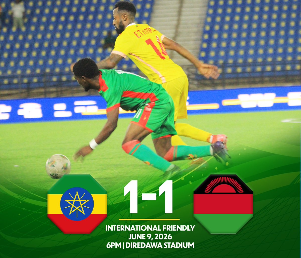 OlisaKingsley's tweet photo. FULL-TIME IN FRIENDLY ACTION! 🇪🇹🇲🇼🔥

Ethiopia 1-1 Malawi 🤝⚽

A tight battle ends all square as both sides refuse to back down! Ethiopia strike first, but Malawi respond with resilience to snatch a well-earned draw on the road! 💪

No giveaways. No surrender. Just pure international grit! 🌍✨

#Ethiopia #Malawi #InternationalFriendly #FootballX #Matchday #AFCONVibes #OneAfricaOneBall #GlobalGame #Draw #FootballTwitter #SoccerX #NationalTeams