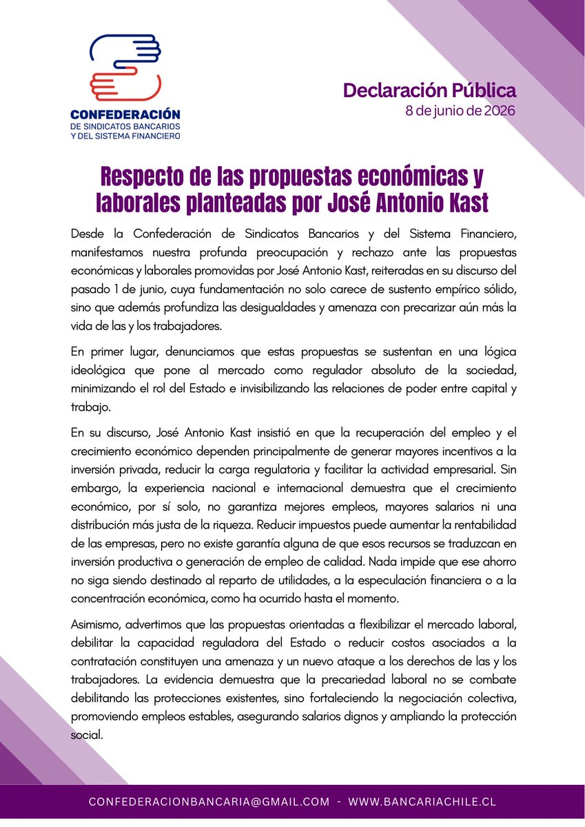 confed_bancaria's tweet photo. 🚨 NO A LA PRECARIZACIÓN LABORAL

Las y los trabajadores no podemos aceptar que, una vez más, se pretenda cargar sobre nuestras espaldas el costo de una economía que beneficia a los mismos de siempre.
‼️
Las propuestas que buscan flexibilizar el empleo, debilitar la regulación estatal y favorecer al gran empresariado significan menos derechos, más inseguridad laboral y mayor desigualdad.
📈📉
Mientras las utilidades de las grandes empresas continúan creciendo, millones de trabajadores y trabajadoras enfrentan salarios insuficientes, endeudamiento y creciente incertidumbre.
✊
La historia ha demostrado que ningún derecho laboral fue un regalo. Todos fueron conquistados mediante la organización y la lucha colectiva.
📣
Por eso reafirmamos nuestra convicción: urge negociación colectiva ramal, más organización sindical y más poder para quienes producen la riqueza del país.
💪🏼
#TrabajoDigno #NoALaPrecarización #NegociaciónColectivaRamal #UnidadDeLosTrabajadores