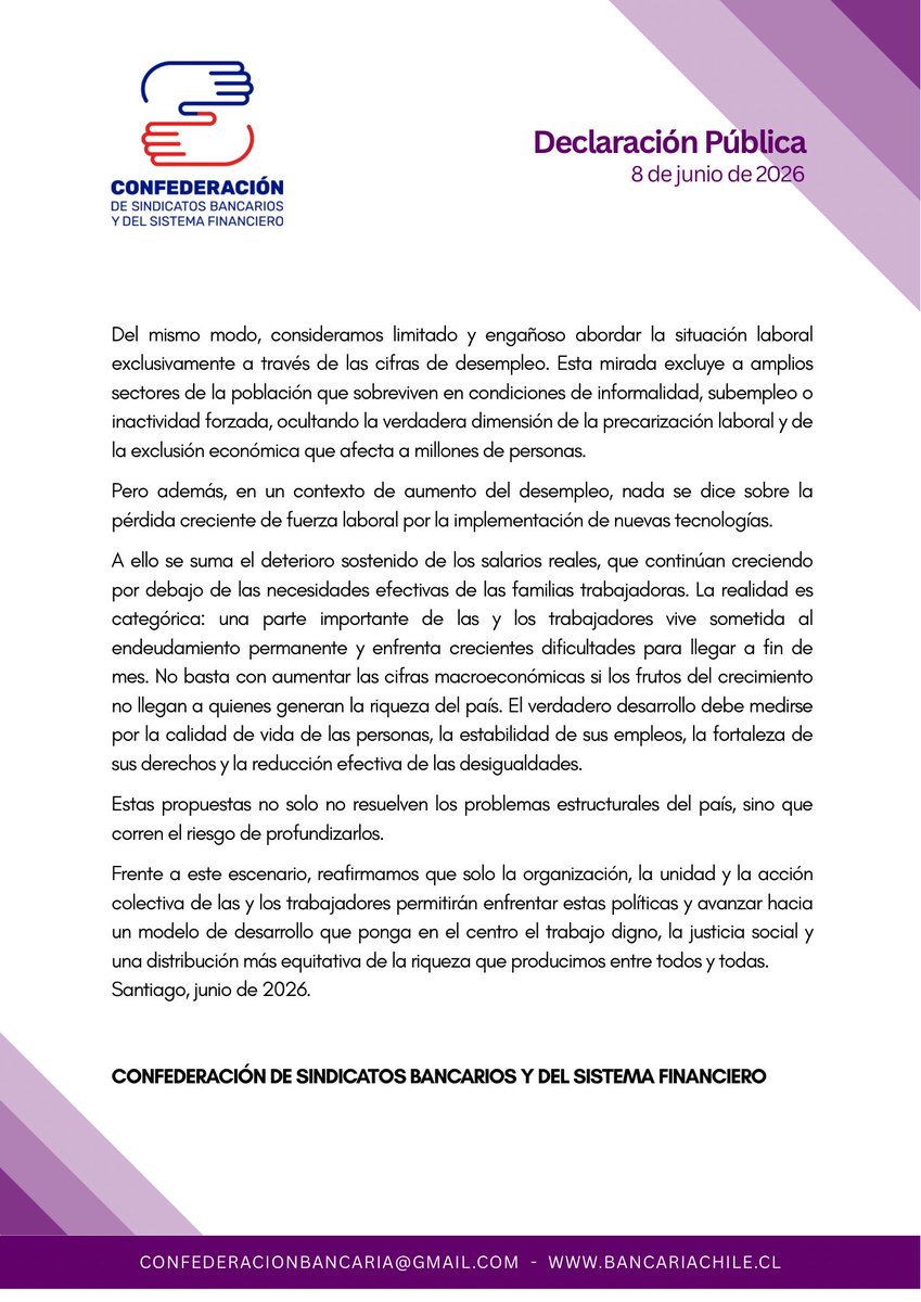 confed_bancaria's tweet photo. 🚨 NO A LA PRECARIZACIÓN LABORAL

Las y los trabajadores no podemos aceptar que, una vez más, se pretenda cargar sobre nuestras espaldas el costo de una economía que beneficia a los mismos de siempre.
‼️
Las propuestas que buscan flexibilizar el empleo, debilitar la regulación estatal y favorecer al gran empresariado significan menos derechos, más inseguridad laboral y mayor desigualdad.
📈📉
Mientras las utilidades de las grandes empresas continúan creciendo, millones de trabajadores y trabajadoras enfrentan salarios insuficientes, endeudamiento y creciente incertidumbre.
✊
La historia ha demostrado que ningún derecho laboral fue un regalo. Todos fueron conquistados mediante la organización y la lucha colectiva.
📣
Por eso reafirmamos nuestra convicción: urge negociación colectiva ramal, más organización sindical y más poder para quienes producen la riqueza del país.
💪🏼
#TrabajoDigno #NoALaPrecarización #NegociaciónColectivaRamal #UnidadDeLosTrabajadores