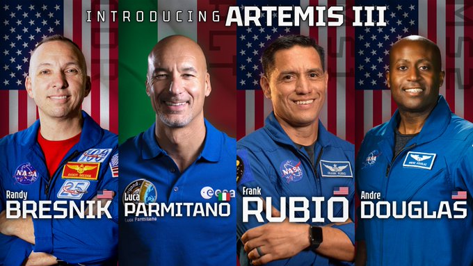 Rainmaker1973's tweet photo. 🚨 NASA just introduced the Artemis III crew: 

🇺🇸 Randy Bresnik 
🇮🇹 Luca Parmitano
🇺🇸 Andre Douglas 
🇺🇸 Frank Rubio https://t.co/7mVjDUCspc