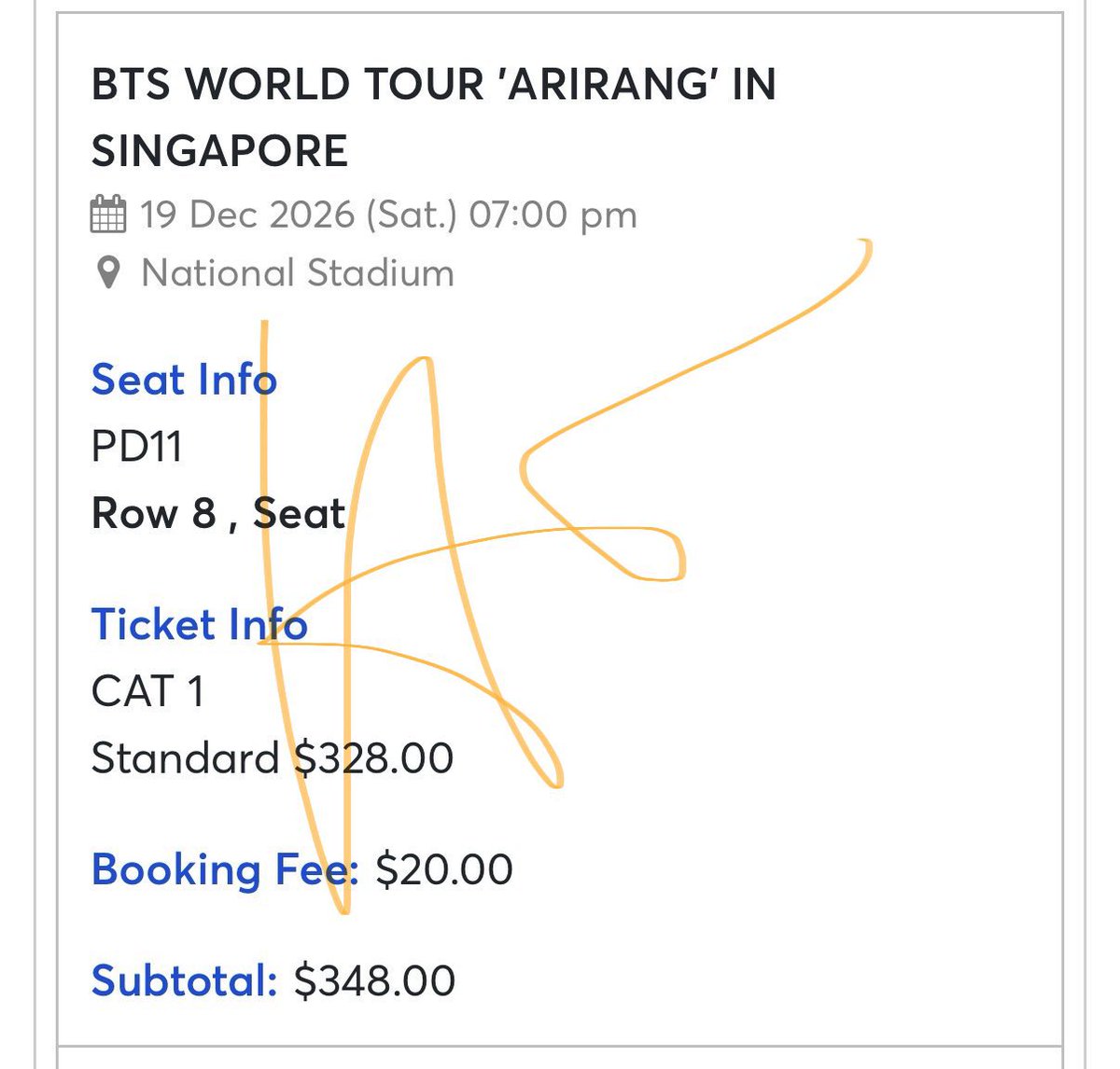_btsforeverr_'s tweet photo. WTS #BTSinSG 🇸🇬

DAY2 19/12 (Sat)
CAT1 PD11 Row 8 x1

💰 RM1600 

✅ Accept Depo ! 
✅ Can provide screen recording and any proof upon request!

Please DM if you’re interested ! 💜
#BTS_ARİRANG #BTS_ARIRANG_SINGAPORE https://t.co/j2Hi1206bT