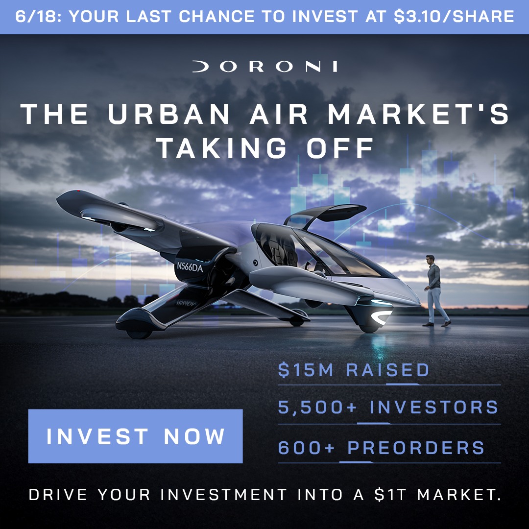 Doroniaero's tweet photo. ⏳ 6/18: Your last chance to invest at $3.10/share!

The future of flight is being built for your garage. Invest in the company redefining personal aircraft ownership with the H1-X, engineered for safety and performance.

Visit our site to learn more and invest in Doroni today.