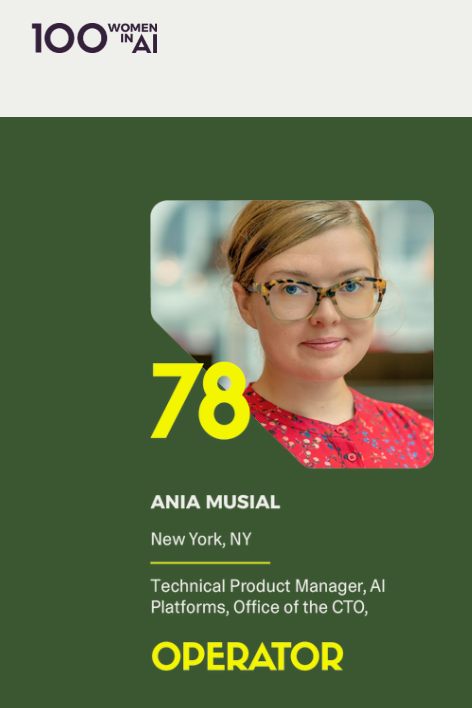 TechAtBloomberg's tweet photo. @Bloomberg Congrats to Ania Musial, Head of #AI Platforms Product, on being named to @flybridge's 2026 "100 Women in AI" list, reflecting her influential role in shaping how AI is adopted, understood &amp; built - both within @Bloomberg &amp; outside it
https://t.co/nSqkUJAAd2
#100WomenInAI
(2/3) https://t.co/bqIXNCnHsw
