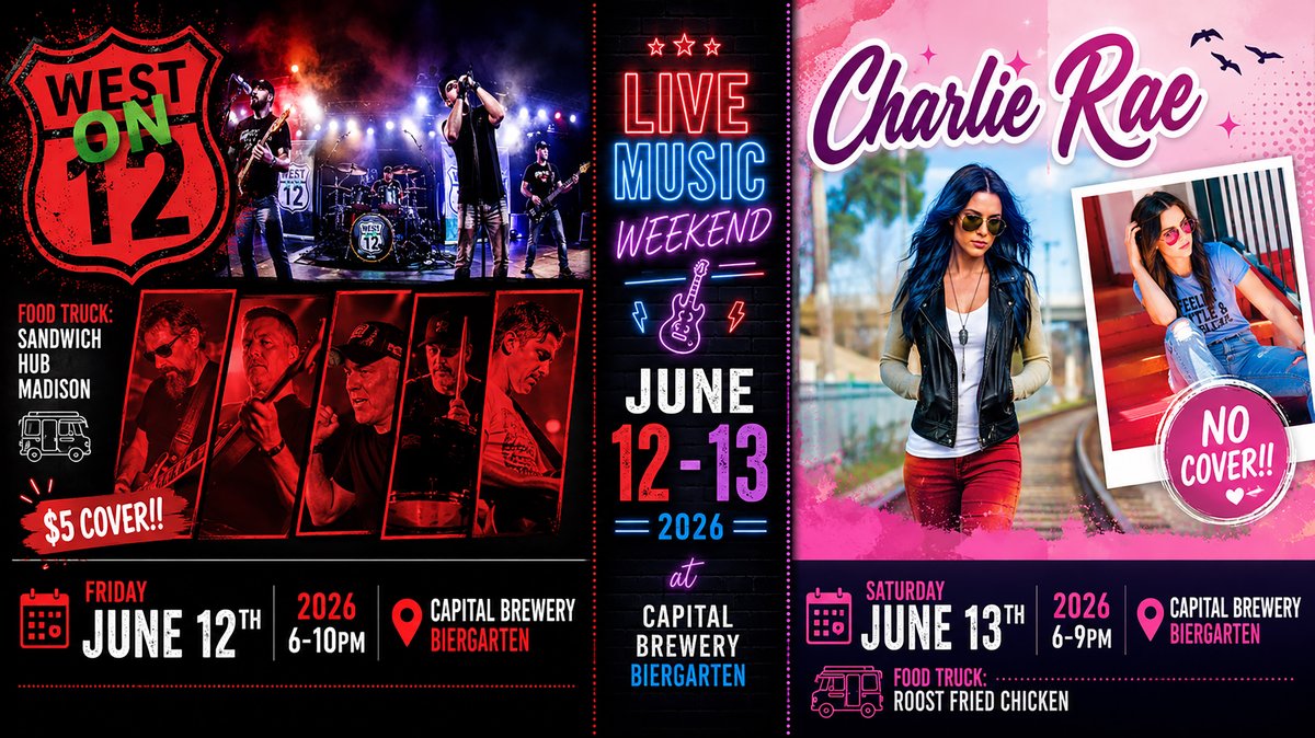 CapBrew's tweet photo. 📷 LIVE MUSIC ALL WEEKEND at the Capital Brewery Bier Garten! 📷

Kick off your weekend with two great nights of live music, cold beer, and delicious food trucks in Middleton's favorite Bier Garten.

Good times. Great beer. Great music.

#CapitalBrewery #BierGarten #LiveMusic #MiddletonWI #WisconsinBeer #WestOn12 #CharlieRae #DrinkLocal #CraftBeer #SummerInWisconsin