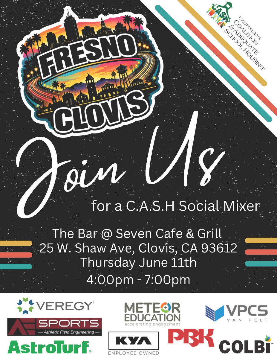 CASHFacilities's tweet photo. Join Us for a C.A.S.H. Social Mixer

Come network with school facilities professionals, industry partners, and colleagues from across the Central Valley for an evening of great conversations and connections.

📍 The Bar @ Seven Cafe & Grill
📍 25 W. Shaw Ave., Clovis, CA 93612
📅 Thursday, June 11
🕓 4:00 PM – 7:00 PM

A special thank you to our event sponsors:
⭐ Veregy
⭐ Meteor Education
⭐ VPCS Van Pelt Construction Services
⭐ AES Sports / Athletic Field Engineering
⭐ AstroTurf
⭐ KYA
⭐ PBK
⭐ COLBI Technologies

We look forward to seeing you in Fresno/Clovis! 🍹🤝

#CASH #SchoolHousing #EducationFacilities #Networking #ClovisCA #FresnoCA #FacilityProfessionals #SchoolConstruction #K12Facilities