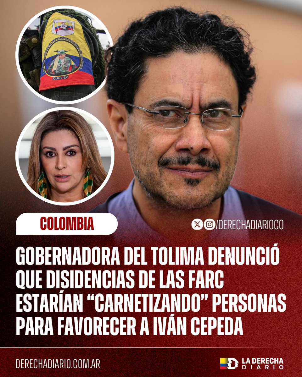 DerechaDiarioCO's tweet photo. 🚨🇨🇴 | GRAVÍSIMO: La gobernadora del Tolima, Adriana Magali Matiz, denunció públicamente que las disidencias de las FARC estarían “carnetizando” personas para favorecer a su candidato, el comunista Iván Cepeda en segunda vuelta.

“Vemos cómo carnetizan a la gente, la citan a reuniones, asumen en algunas ocasiones funciones que le corresponden al mismo Estado.”