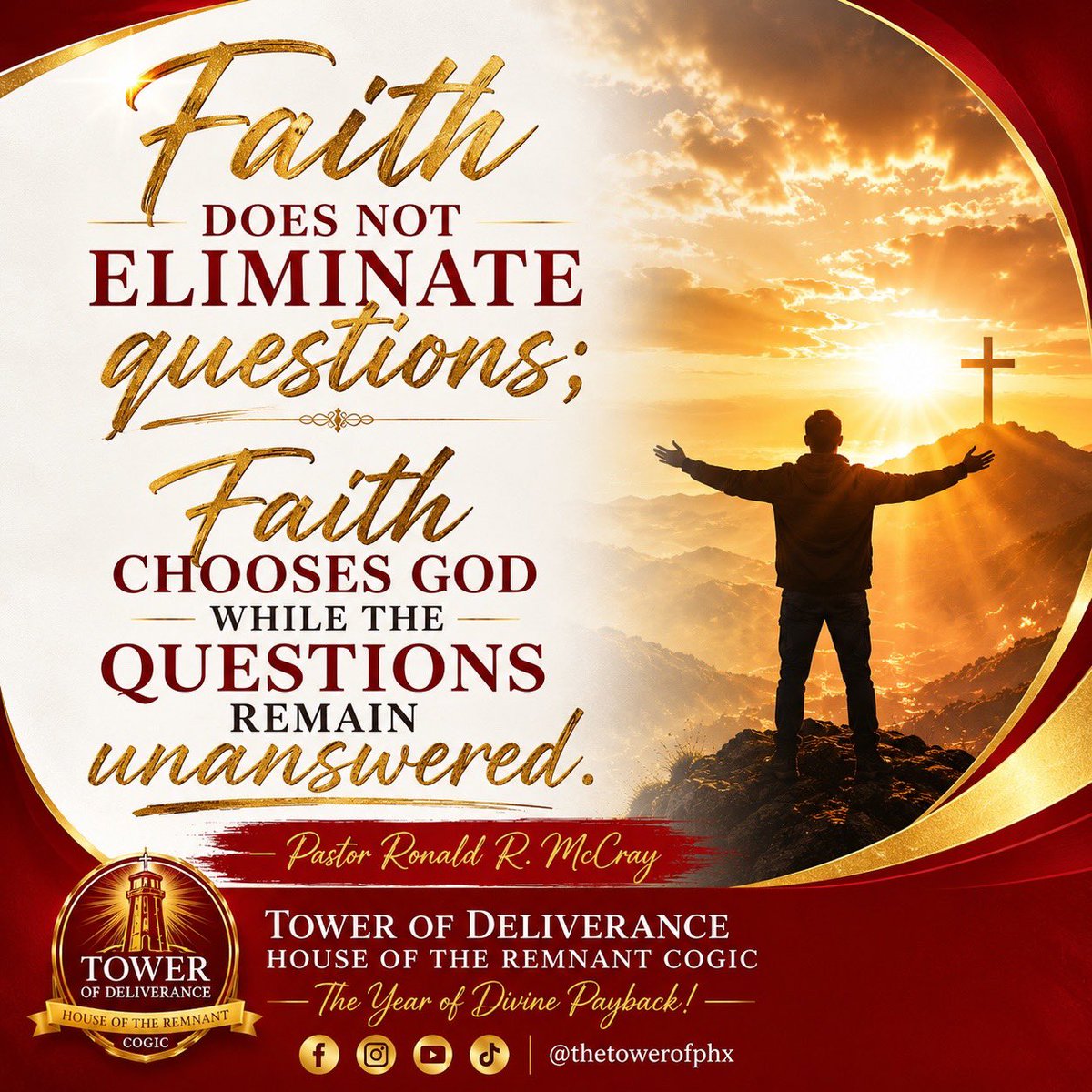 TheTowerofPHX's tweet photo. Faith is not the absence of questions. Faith is the decision to trust God when the answers haven’t arrived yet.

Some of us are waiting on God to explain everything before we obey Him. But faith doesn’t require complete understanding—it requires complete surrender. https://t.co/6CXIDpvxnc
