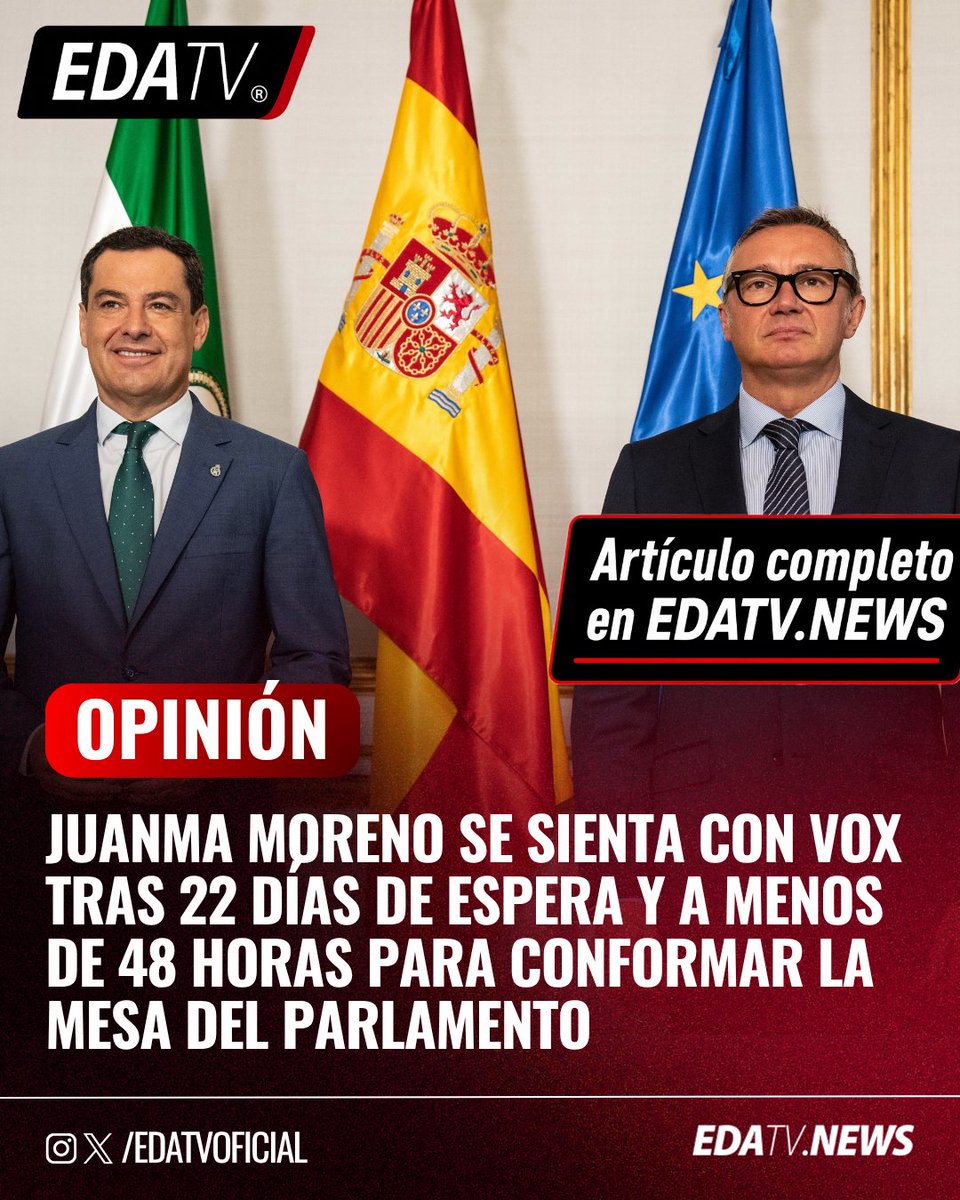 edatvoficial's tweet photo. 📰 | Juanma Moreno se sienta por fin con @Vox_es tras 22 días de espera y a menos de 48 horas para conformar la Mesa del Parlamento andaluz. https://t.co/RJHHA6Rap7