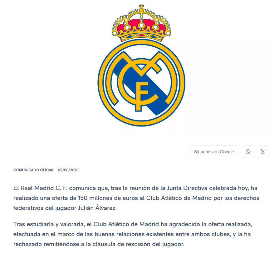 lbertozzi's tweet photo. Cumprindo a promessa de campanha de Florentino Pérez, Real Madrid confirma ter feito oferta de 150 milhões de euros ao Atlético de Madrid por Julián Álvarez - agradecida e recusada pelos colchoneros. https://t.co/Tm5BxjIlBN