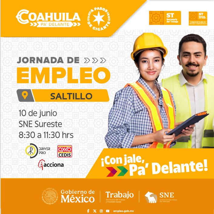 SNECoahSureste's tweet photo. Únete a nuestra #JornadaDeEmpleo #Saltillo

✅ Empresas: OXXO CEDIS, DRIVER PRO, ACCIONA

📆 Miércoles 10 de junio
⏰ 08:30 a 11:30 hrs
📍 Servicio de Empleo #Saltillo
Victoria N° 608 (planta baja), Zona Centro.

Te esperamos. 🙌
#CoahuilaPaDelante #APasosDeGigante #SNEparaTodos https://t.co/tRA5val0SC