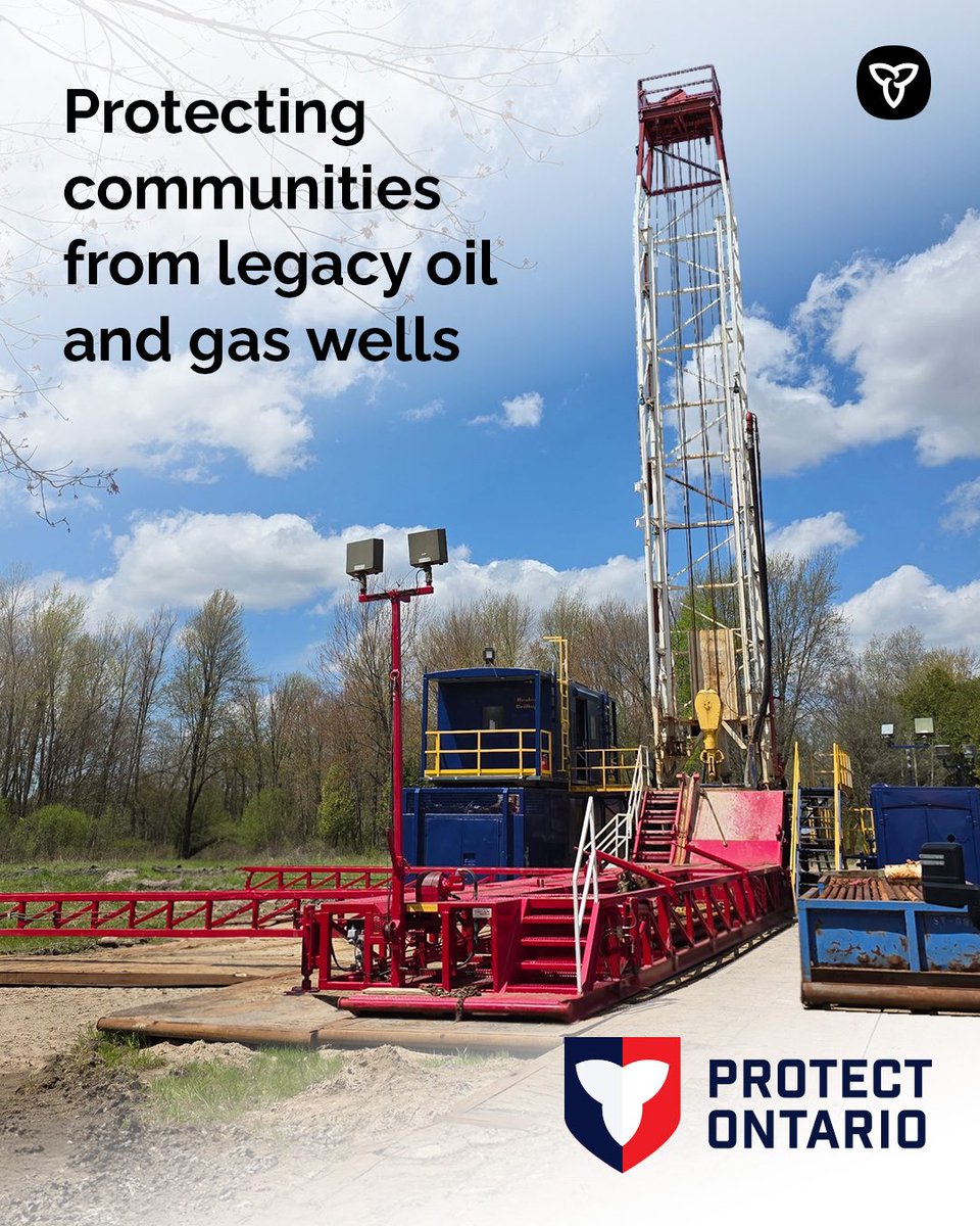 Alt text: photo of a red and blue oil and gas rig with trees in the background with text “Protecting communities from legacy oil and gas wells”