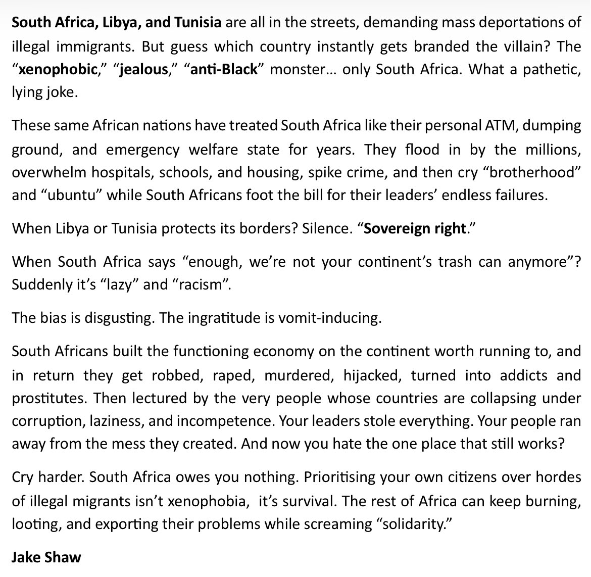 Jake_Shaw2's tweet photo. Dear Nigerians, Ghanaians, Africa @YusufTuggar @NigeriaMFA @NGRPresident @S_OkudzetoAblak @GhanaMFA @GhanaPresidency
SOUTH AFRICA ISN’T THE CONTINENT’S DOORMAT. THE DOUBLE STANDARDS ARE DEAD. THE MASK IS OFF. AFRICA’S HYPOCRISY JUST EXPOSED ITSELF.
FIX YOUR NATIONS https://t.co/Keq45wZ3zJ