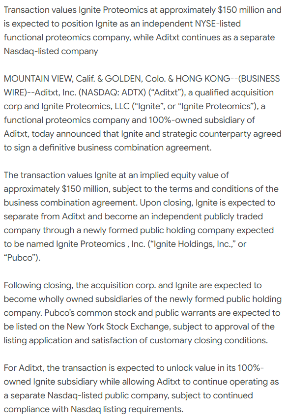 traderMichael_1's tweet photo. $ADTX Aditxt Signed Definitive Agreement Valuing Ignite Proteomics at Approximately $150 Million https://t.co/HlfOproD82