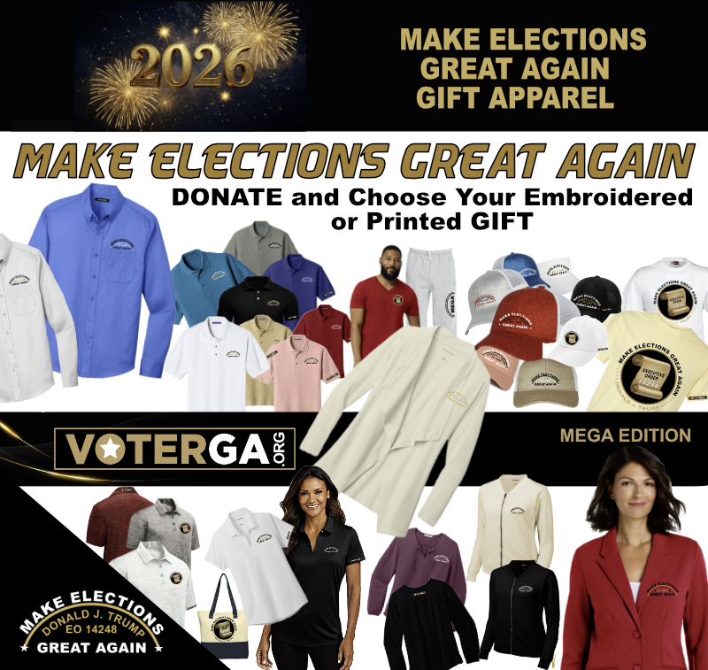 VoterGa's tweet photo. *TRENDING* 
MAKE ELECTIONS GREAT AGAIN
You can wear it on your sleeve. 
Choose a free MEGA apparel gift with your donation. Let's keep this trending until our elections are secured!
Browse the gift catalog at the link below.
 https://t.co/FQ8VlEXH5U https://t.co/q2318aEiOa