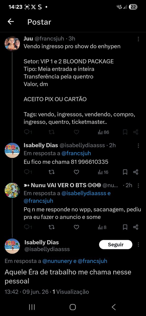 nununery's tweet photo. ALERTA GOLPISTA!!! Mulher esta se passando em vários anuncios dizendo comprar ingresso e usando sites e emails fake de confirmacao de compra, com golpe pedindo taxa para liberação de pagamento, isso nao existe!! Nao vendam pra ela! 
Perfil da maluca @isabellydiaasss https://t.co/HqXMyO5Ix9