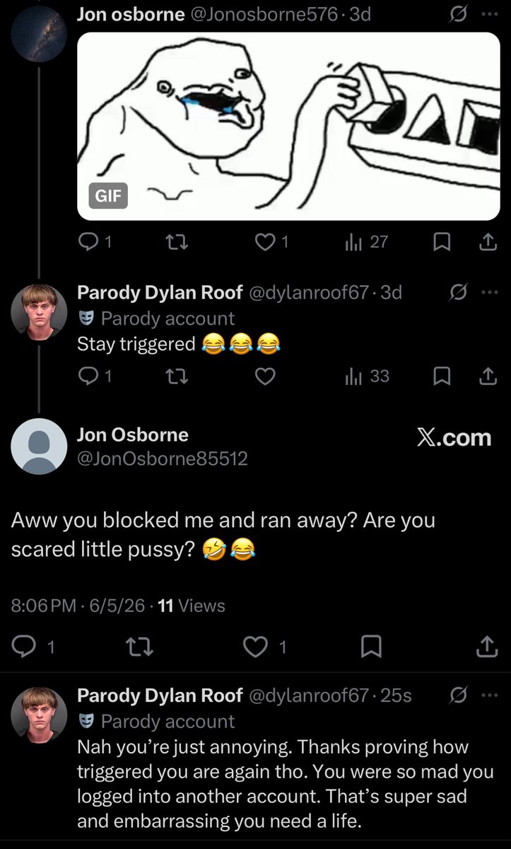dylanroof67's tweet photo. It’s funny watching people crash out on this app. @Jonosborne576 got so butthurt he logged into another account to message me. https://t.co/TueOGbeq2Q