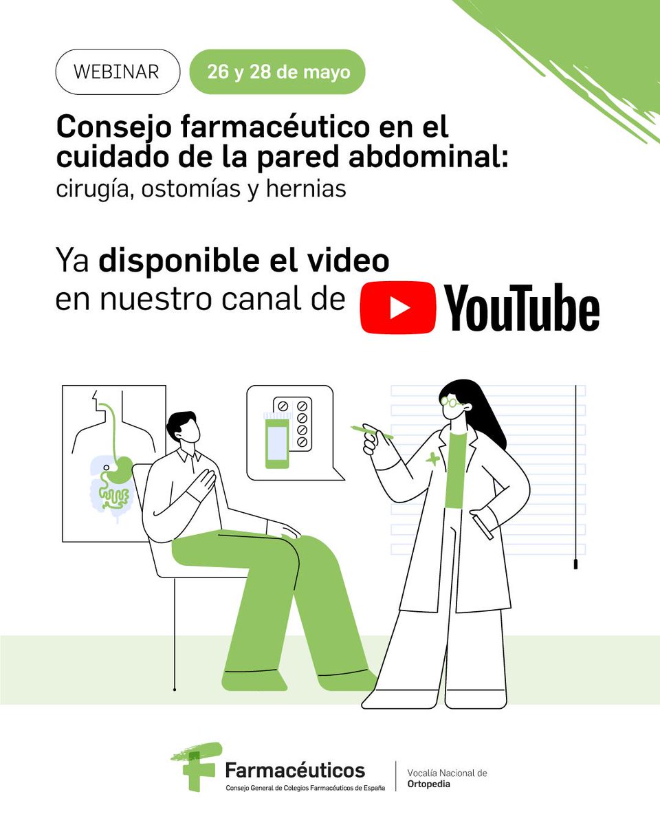 COFCuenca's tweet photo. 🚨 ¡Ya disponible en YouTube! 🚨

💬Consejo farmacéutico en el cuidado de la pared abdominal: cirugía, ostomías y hernias

🔗 Míralo ahora en YouTube

Sesión 26/05👉 https://t.co/U6ozPOpJdT
Sesión 28/05👉 https://t.co/5PBm8LBWjN

#FarmacéuticosFormación https://t.co/6qUnCxXX9s