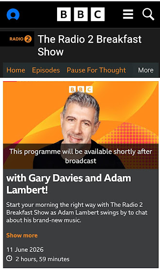4Gelly's tweet photo. NEWS/ Adam is going to be on BBC Radio 2 on Thursday June 11th on the Radio 2 Breakfast Show! 
 "Adam Lambert swings by to chat about his brand new music" https://t.co/PJHIsSxlLP