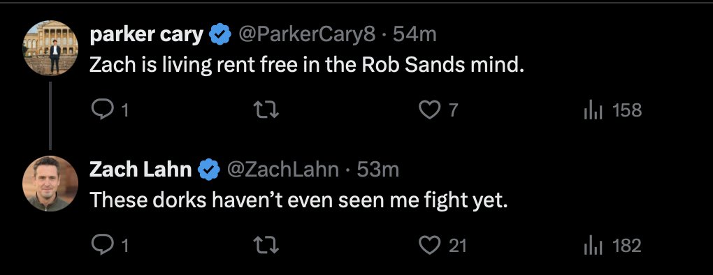 patrynard's tweet photo. It's a week after his primary win and Zach Lahn is having a Twitter crashout instead of doing any real messaging, responding to people with like 100 followers https://t.co/Bl9sey7Nie