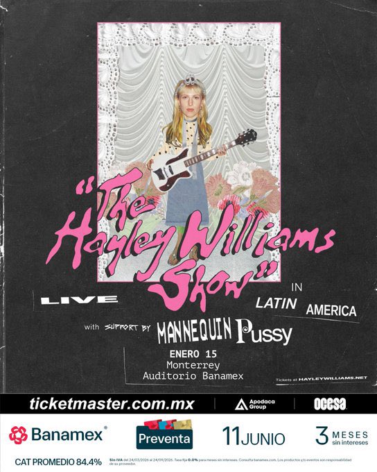 ticketelhamster's tweet photo. 🚨The Hayley Williams Show - Nuevas fechas
📍CDMX, Monterrey y Guadalajara
🗓️Enero 2027

🎫Preventa Banamex y fans 11 de junio 11 AM
🎫Venta General 12 de junio 10 AM

🗝️Información sobre venta a fans en: https://t.co/D9iLkwQd9t

#ticketelhamster #hayleywilliams @ocesa_total https://t.co/XuwEbT1rqz