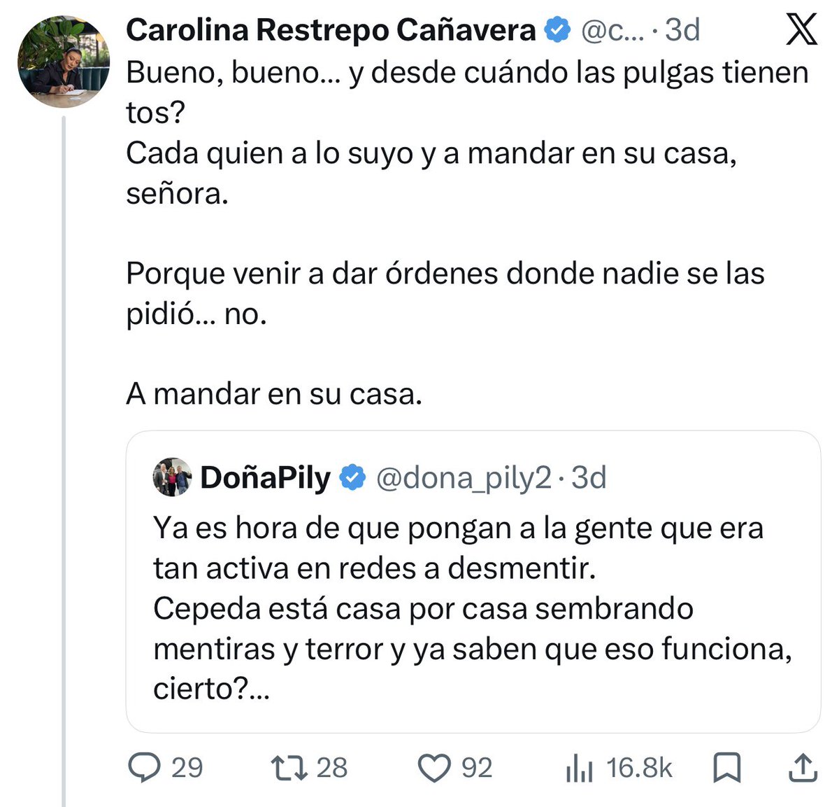 dicalaca18's tweet photo. Las elecciones de Perú, nos dejan una gran enseñanza, CADA VOTO CUENTA. 
Y la señora @carorestrepocan siendo la jefe de debate de José Manuel Restrepo debería dar ejemplo. 
Que vergüenza salir a tratar mal a alguien que está solicitando que se desmienta desde la campaña de Abelardo al Petrismo enfermo que solo difama.