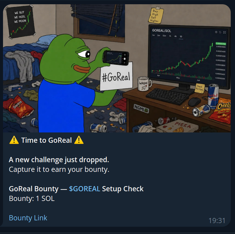 JoinGoReal's tweet photo. ⚠️ First GoReal alert just went out. ⚠️

Challenge: $GOREAL Setup Check
Show your setup with the $GOREAL chart on screen.
First 5 valid submissions win.

Bounty link:

https://t.co/UPNpWgZ5eH