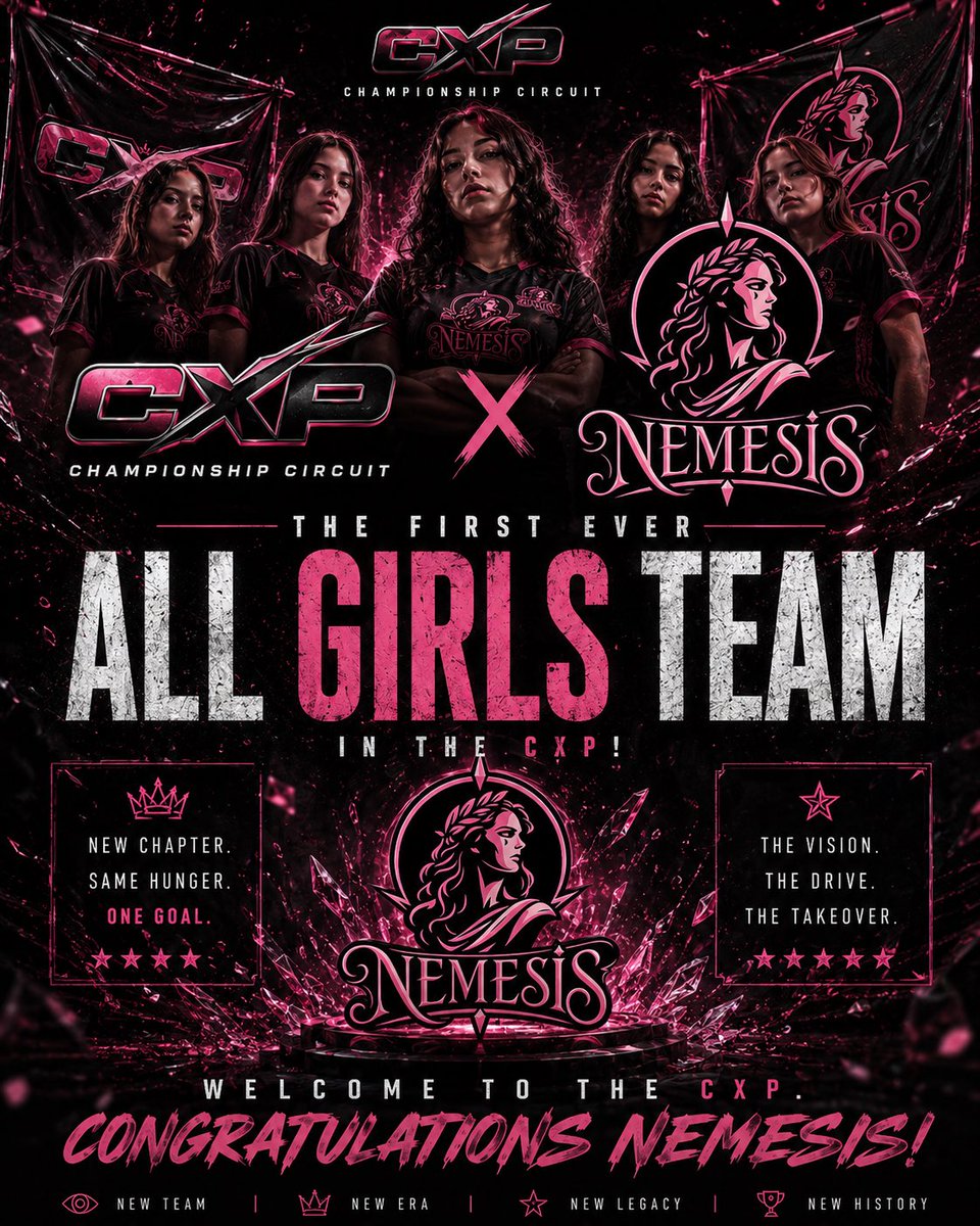 cxpleague's tweet photo. 🌸 CXP HISTORY HAS BEEN MADE 🌸

Please join us in welcoming Nemesis, the first-ever all-girls team in CXP history!

We’re excited to see them compete and make their mark on the Championship Circuit.

💗 Congratulations, Nemesis.
🏆 Welcome to the CXP. https://t.co/GuHN2qgNIs