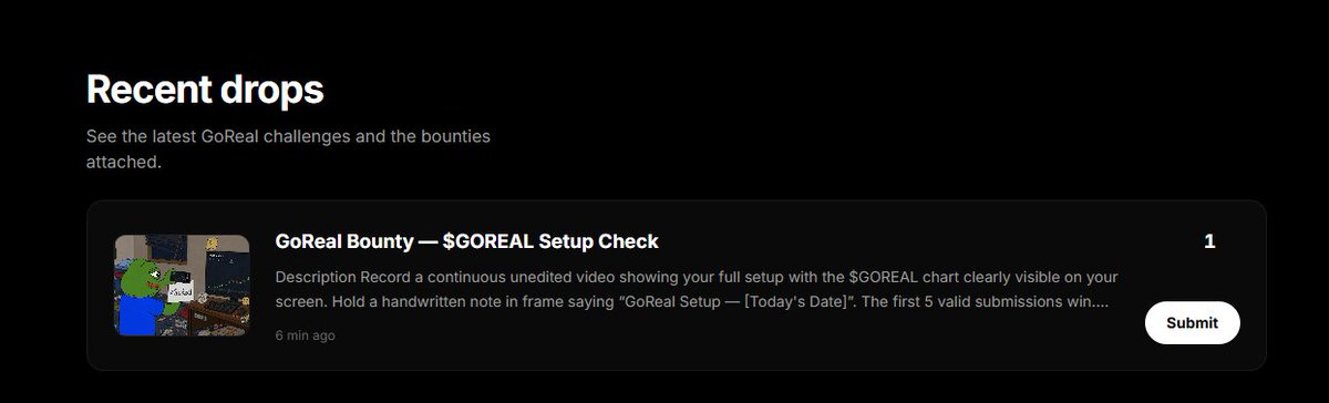 apefy's tweet photo. HOLY SHIT 🚨

First $GOREAL bounty just went LIVE 👀

This is where the viral loop starts.

Who's submitting? 📸🔥

https://t.co/J2CKxT90XS

$GOREAL https://t.co/bprTJO3rJS