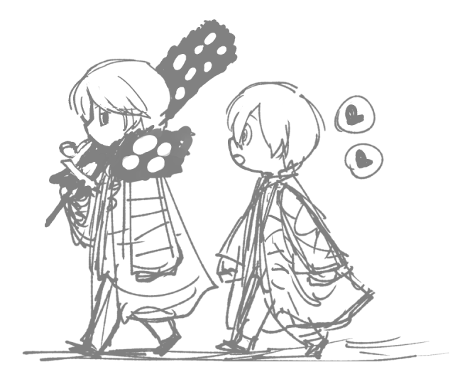 simejimgmg_Mk4's tweet photo. なんでか知らんが、PCの深層から描いた覚えのない絵が見つかった。頭身の低さとか絵的に字幕版の終わりのほう？だと思うんだけど、本当に描いた記憶が存在しない…。なんだろ、カット絵のボツ下書きとかかな…。 https://t.co/RYCX0vQuie