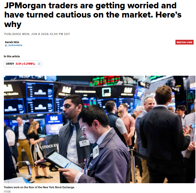 Barchart's tweet photo. JUST IN 🚨: JP Morgan Trade Desk turns "tactically cautious" on the Stock Market 👻😱🫂