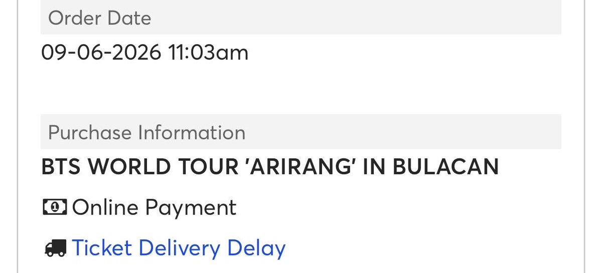 Multi_FanGhurl's tweet photo. Literal na 3mins lang nag secured ng tix😭

#방탄소년단
#BTS
#BTS_WORLDTOUR_ARIRANG
#BTS_WORLDTOUR_ARIRANG_BULACAN
#BTS_WORLDTOUR_ARIRANG_ASIA https://t.co/A5RIW4VzKb