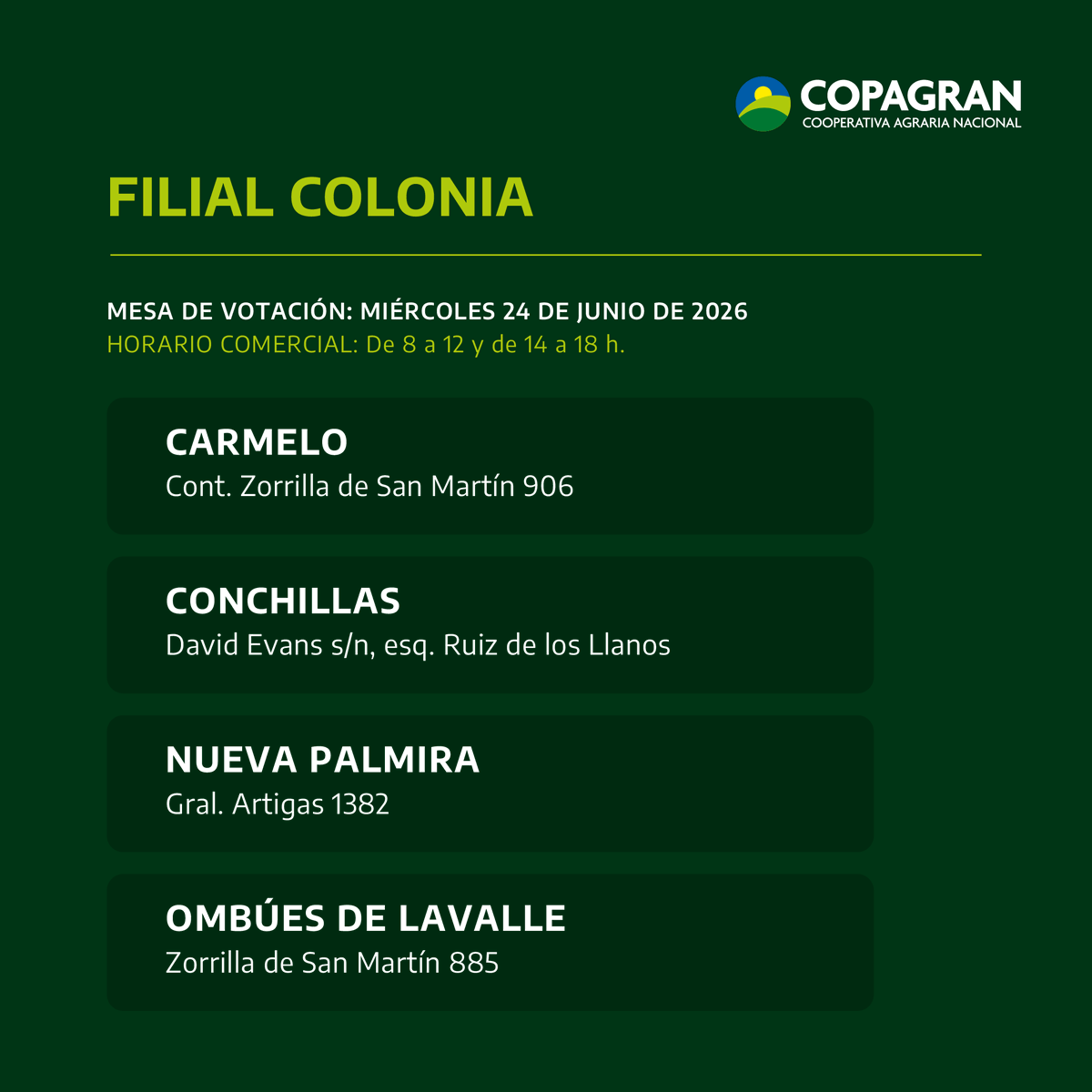 CopagranUy's tweet photo. El miércoles 24 de junio se realizan las Elecciones de Filiales 2026. 🗳️

Deslizá y encontrá las mesas de votación habilitadas.

📅 Miércoles 24 de junio de 2026

🤝 Participar también es cooperar https://t.co/rQq16KPFRM