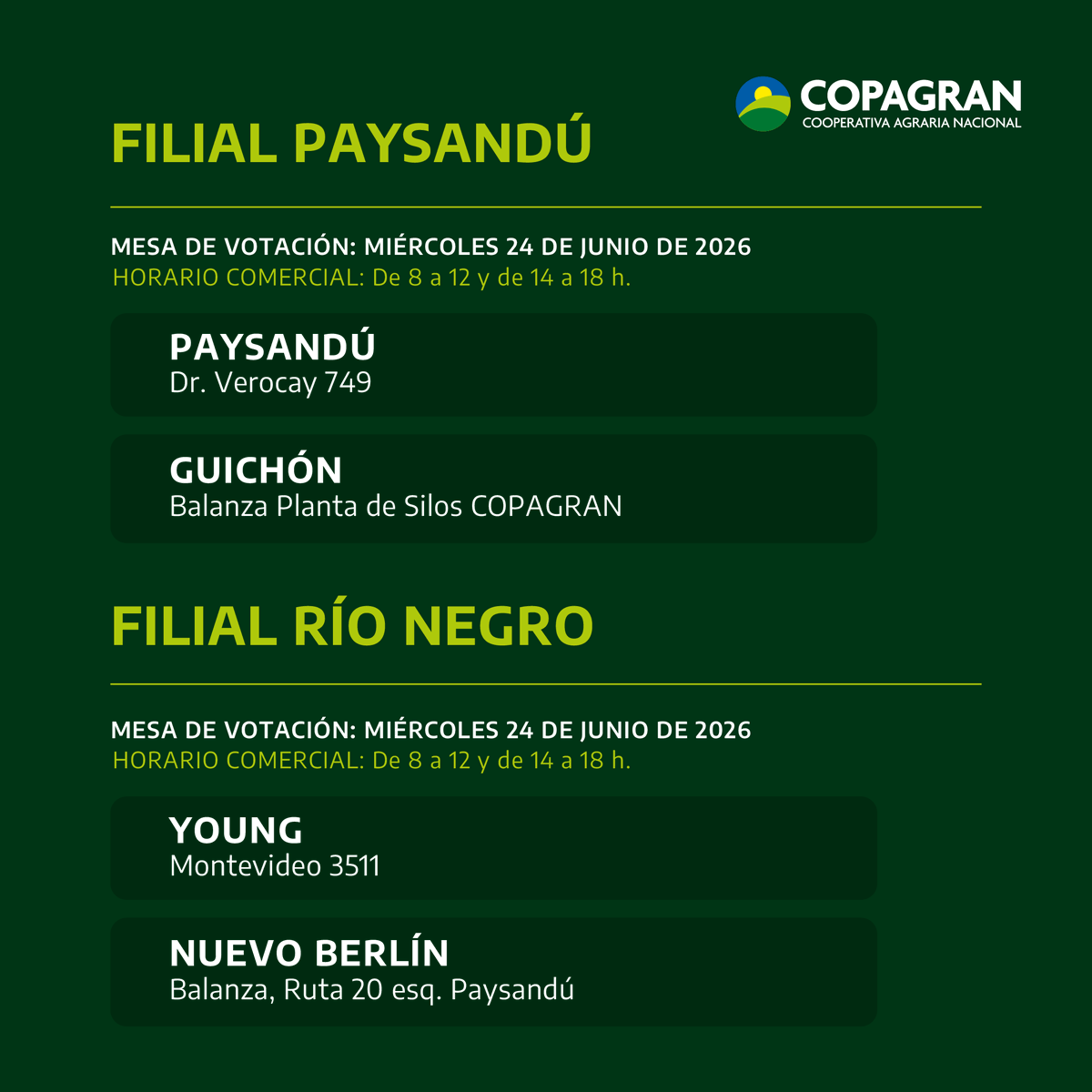 CopagranUy's tweet photo. El miércoles 24 de junio se realizan las Elecciones de Filiales 2026. 🗳️

Deslizá y encontrá las mesas de votación habilitadas.

📅 Miércoles 24 de junio de 2026

🤝 Participar también es cooperar https://t.co/rQq16KPFRM